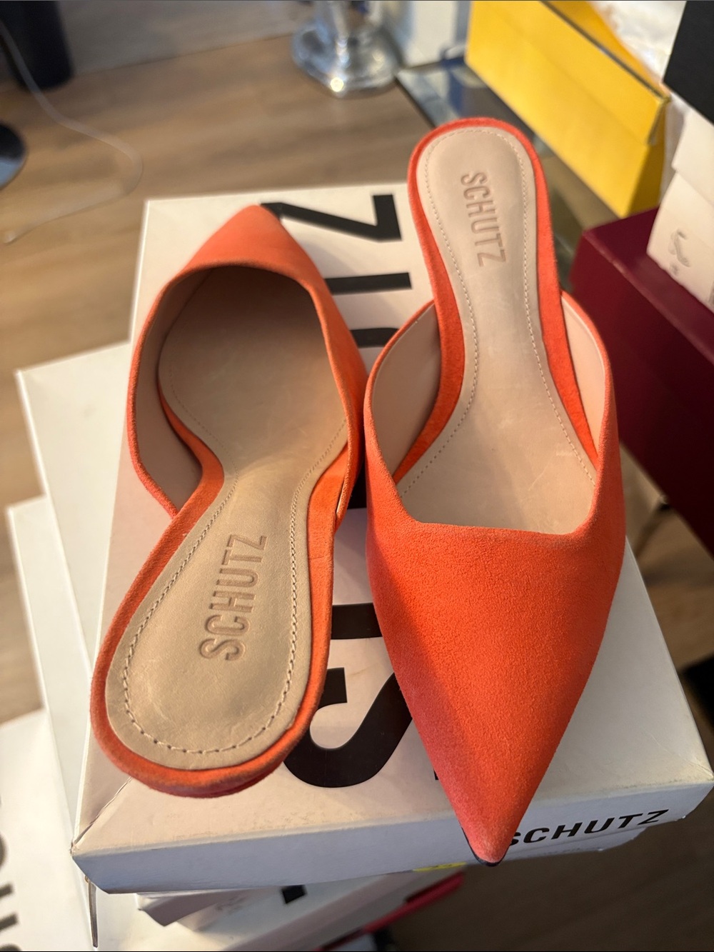 SCHUTZ Orange Pointed Toe Slip-On Mules